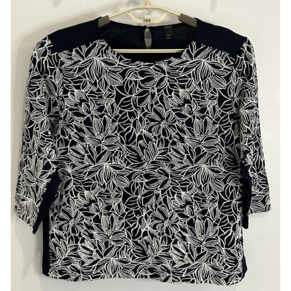 J Crew Navy White Flower All Over Embroidered 3/4 Sleeve Top Cotton Size XL